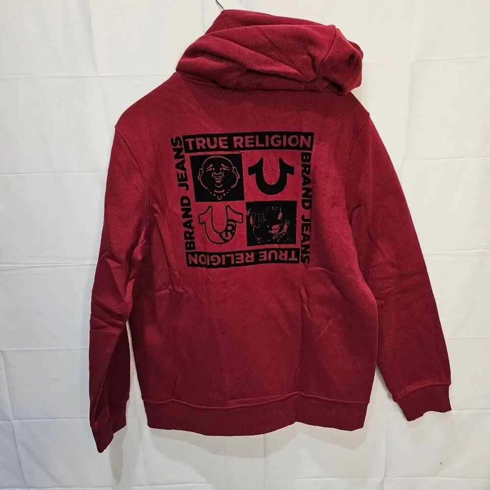 True Religion Hoodie Red Dahlia Multi Logo Zip Up Large